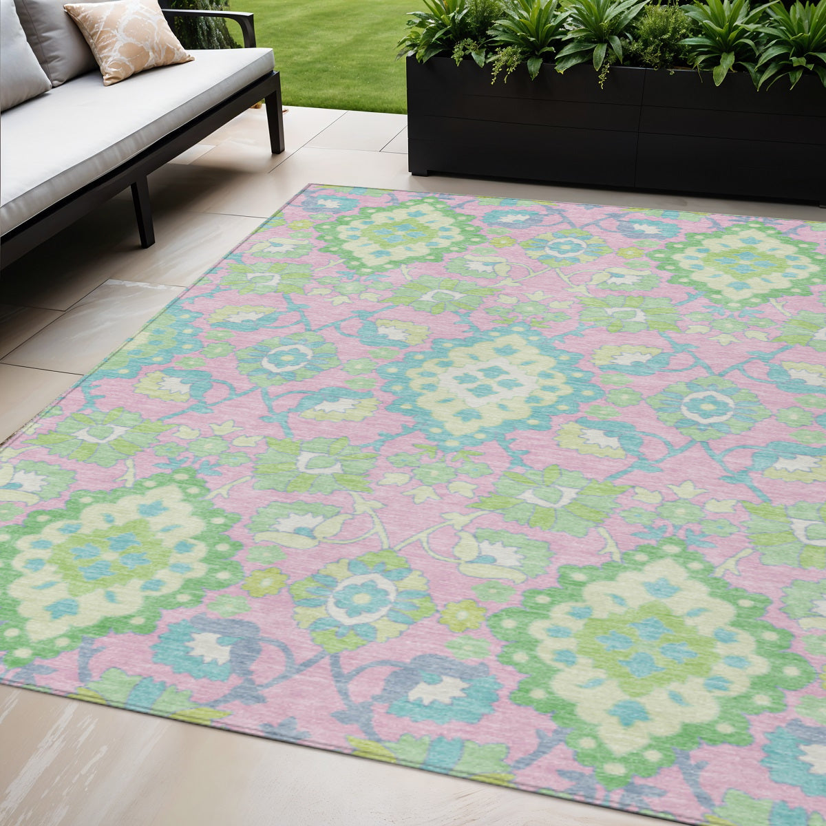 5 X 8 Pink Green And Blue Oriental Washable Indoor Outdoor Area Rug