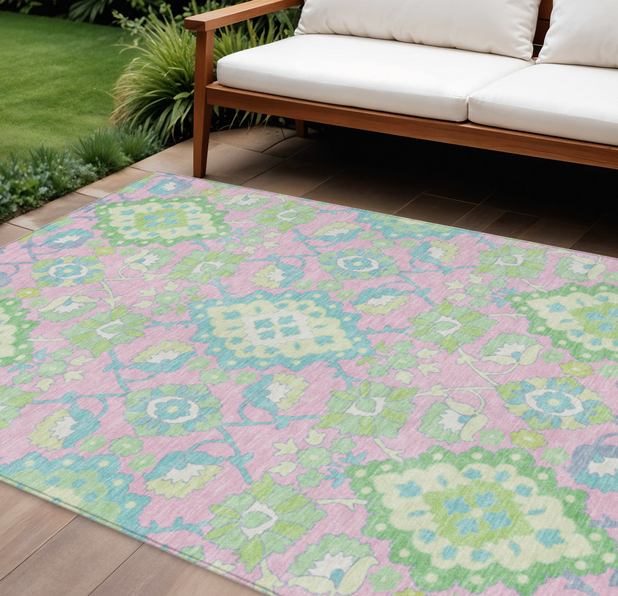 10 X 14 Pink Green And Blue Oriental Washable Indoor Outdoor Area Rug