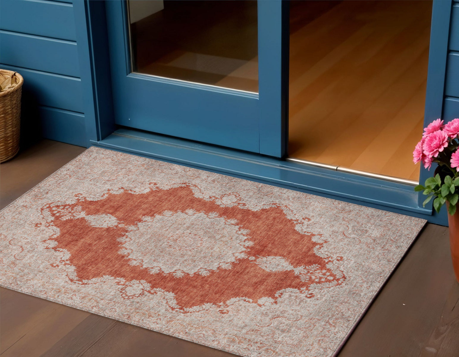 3 X 5 Rust And Beige Oriental Washable Indoor Outdoor Area Rug