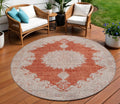 8 Rust And Beige Round Oriental Washable Indoor Outdoor Area Rug