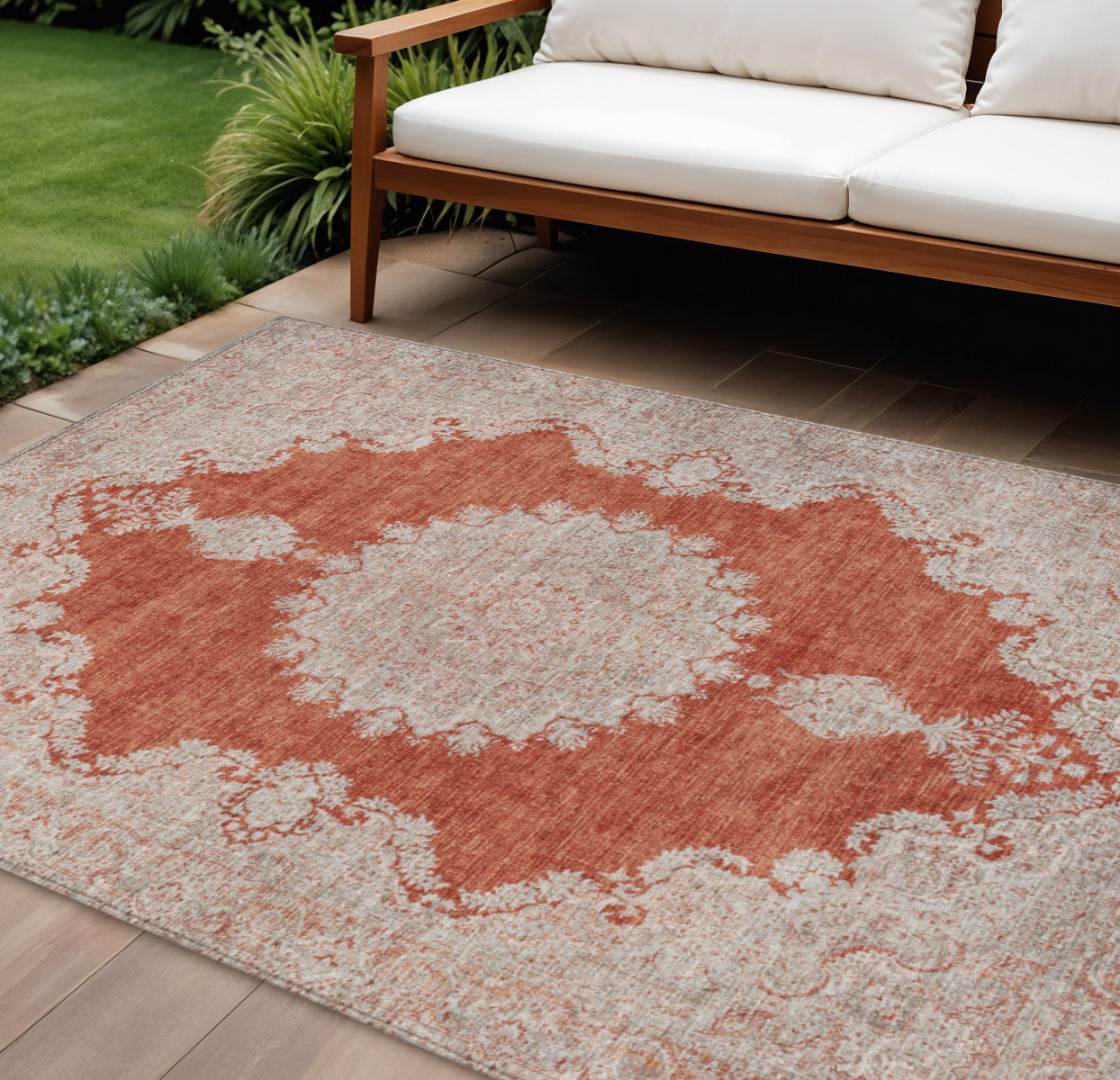 9 X 12 Rust And Beige Oriental Washable Indoor Outdoor Area Rug