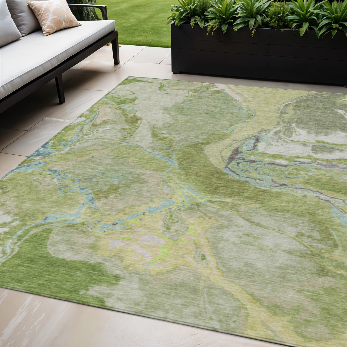 5 X 8 Green Blue And Gray Abstract Washable Indoor Outdoor Area Rug