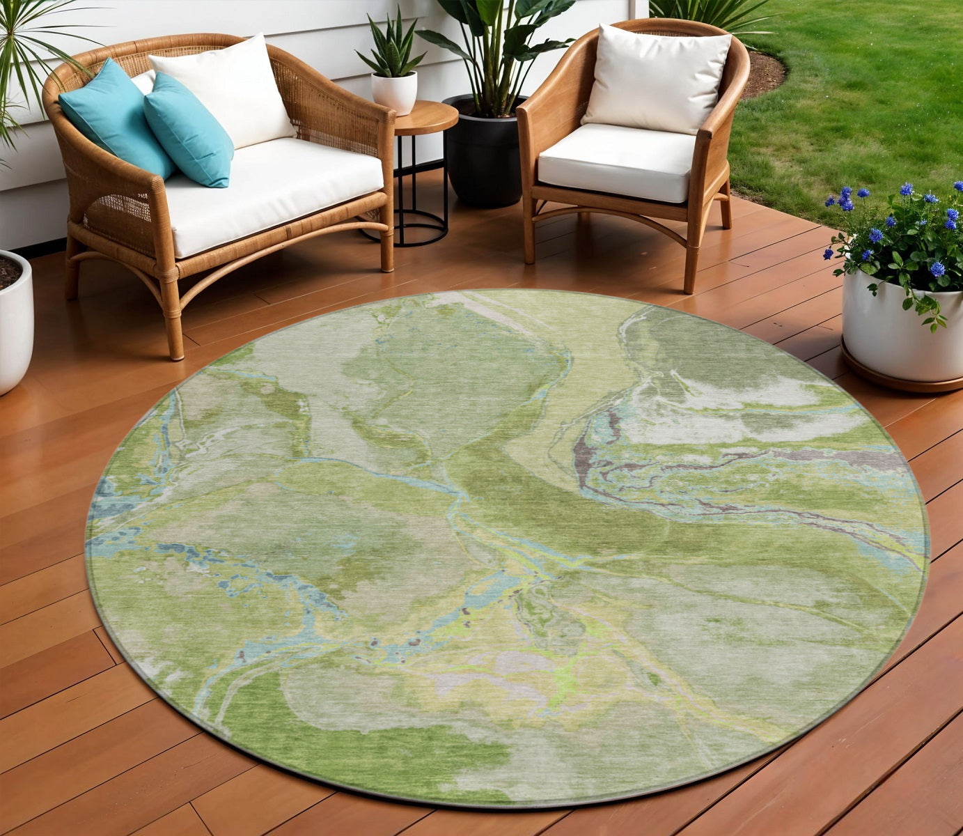 8 Green Blue And Gray Round Abstract Washable Indoor Outdoor Area Rug