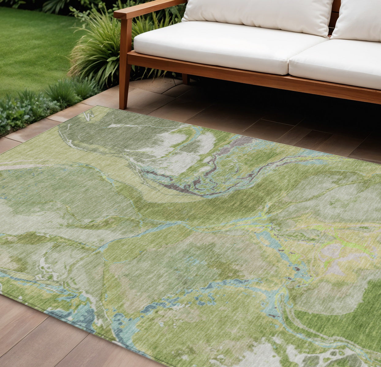 9 X 12 Green Blue And Gray Abstract Washable Indoor Outdoor Area Rug