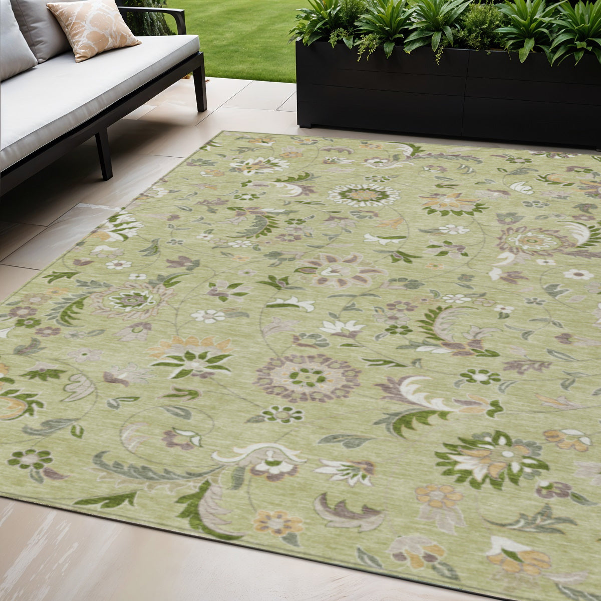 5 X 8 Artichoke Green Gray And Brown Floral Washable Indoor Outdoor Area Rug