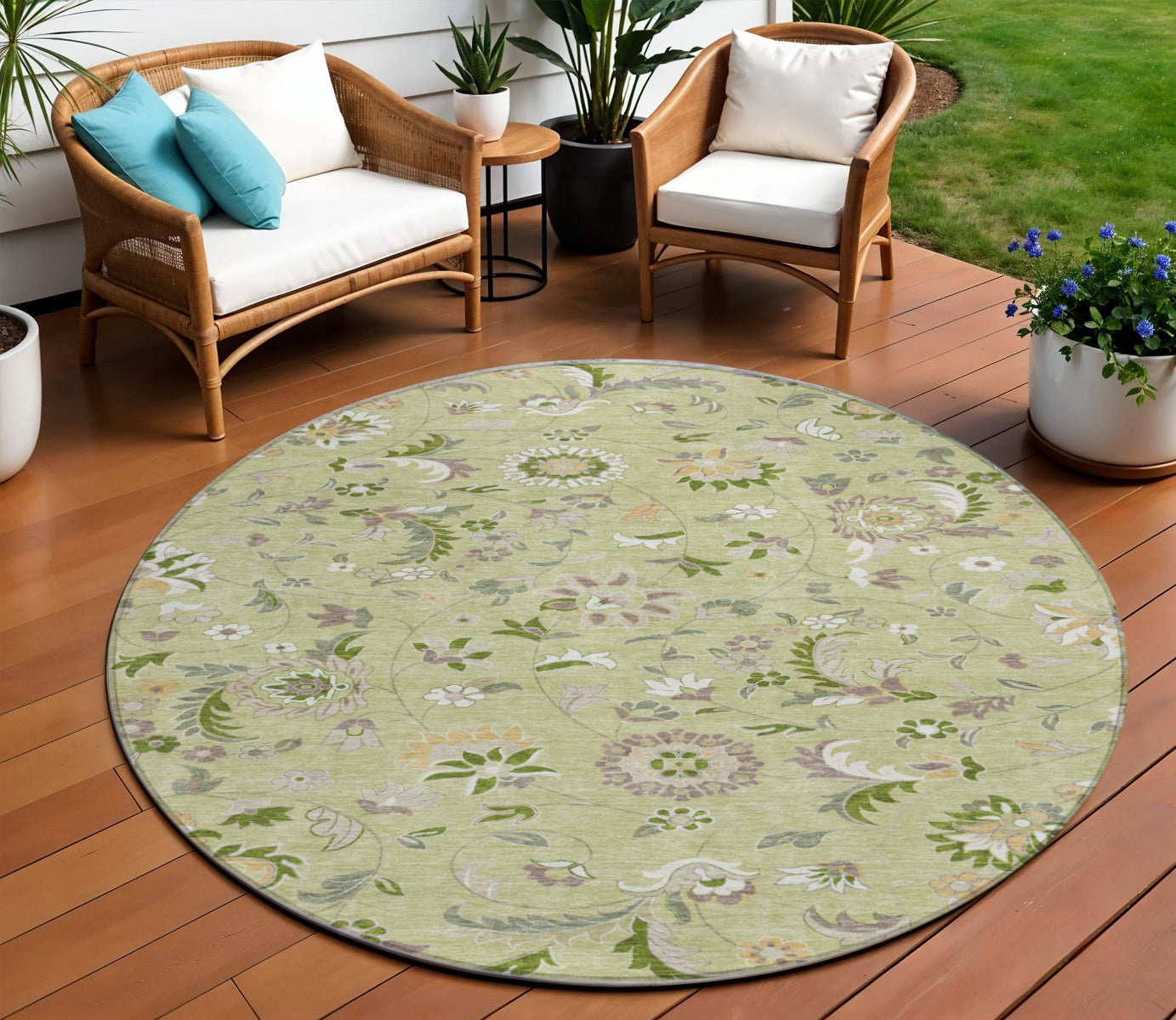 8 Artichoke Green Gray And Brown Round Floral Washable Indoor Outdoor Area Rug