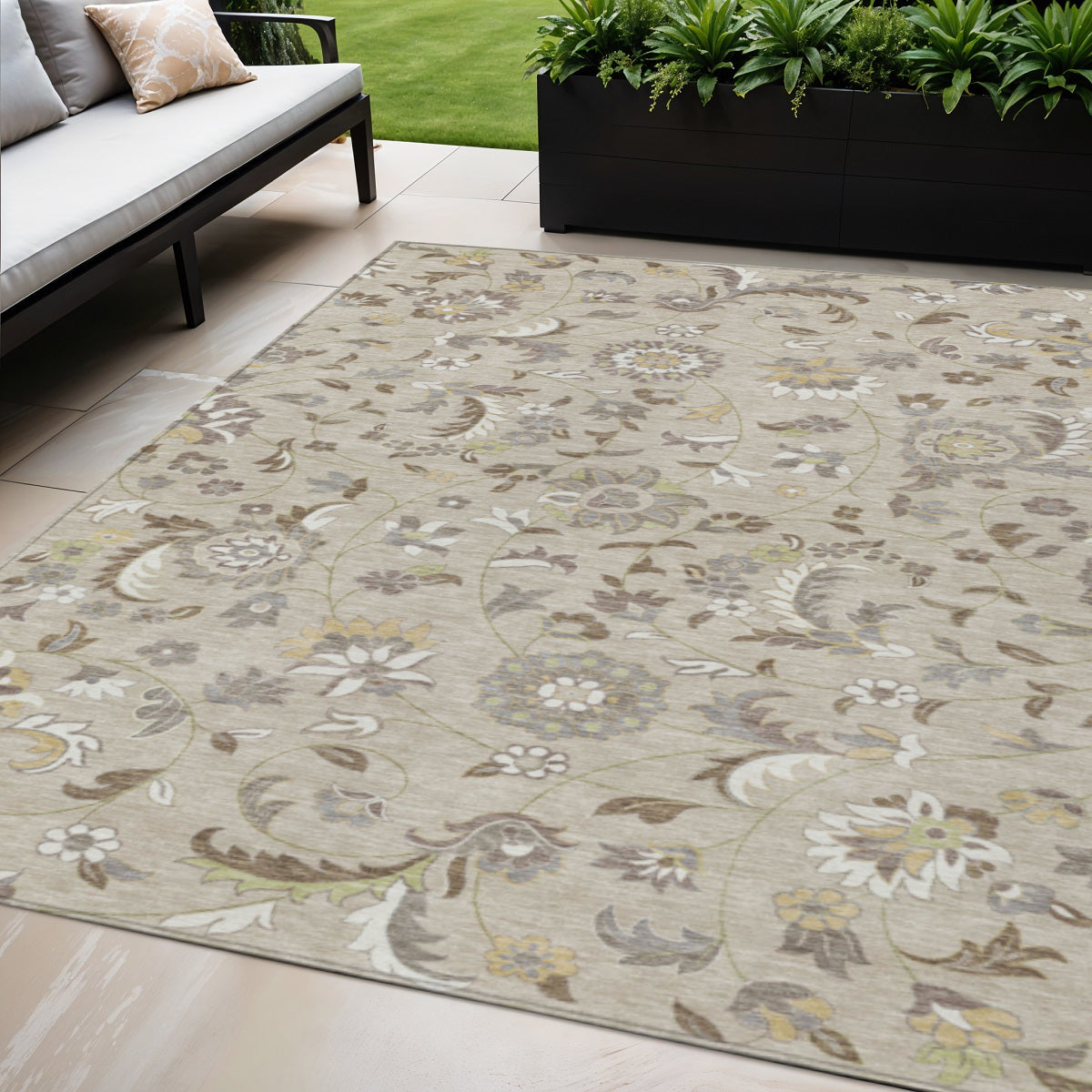 5 X 8 Beige Brown And Gray Floral Washable Indoor Outdoor Area Rug