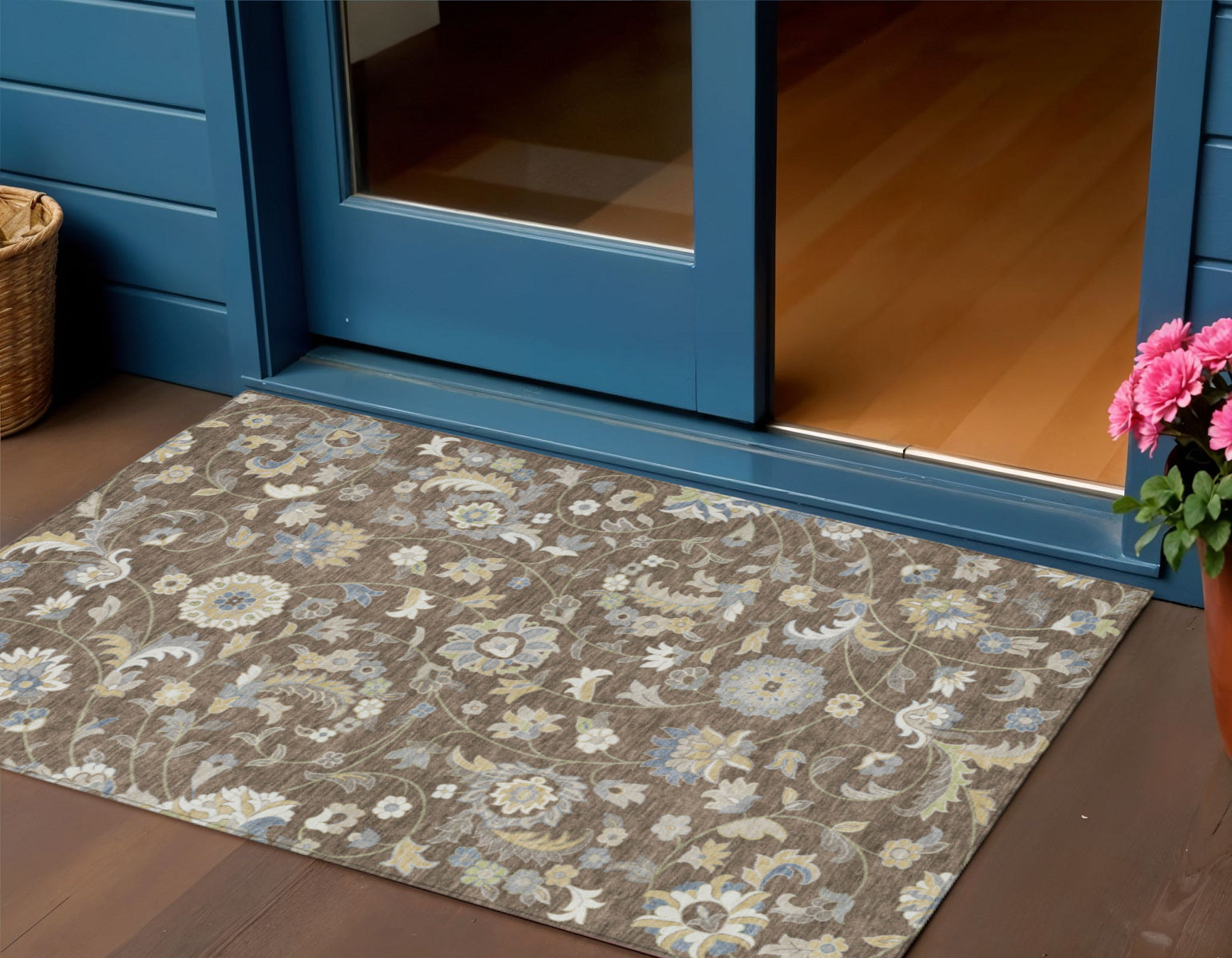 3 X 5 Chocolate Beige And Blue Floral Washable Indoor Outdoor Area Rug