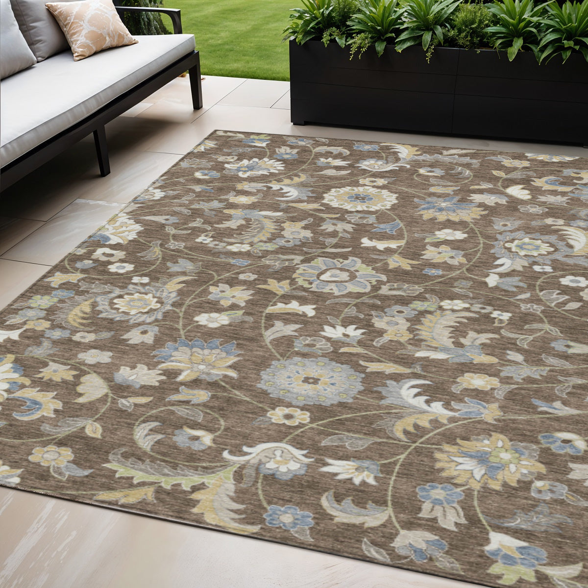 5 X 8 Chocolate Beige And Blue Floral Washable Indoor Outdoor Area Rug