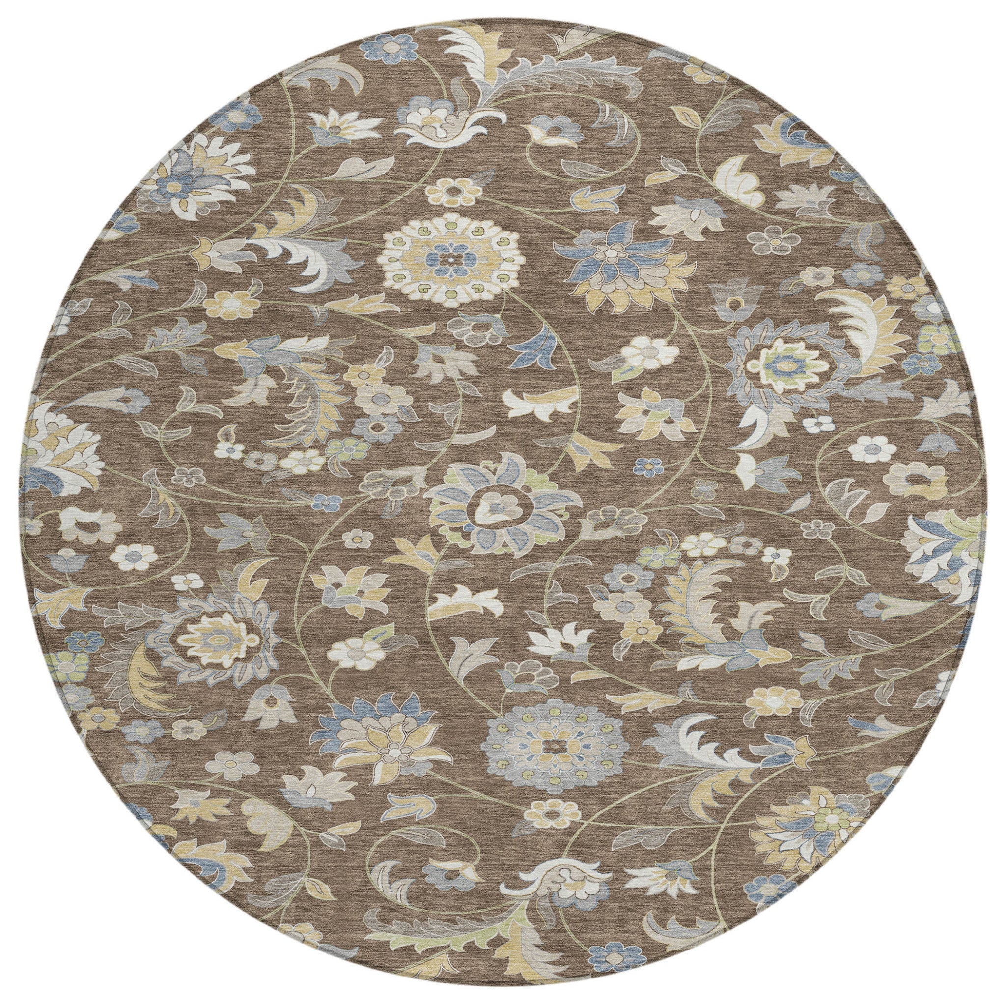 8 Chocolate Beige And Blue Round Floral Washable Indoor Outdoor Area Rug
