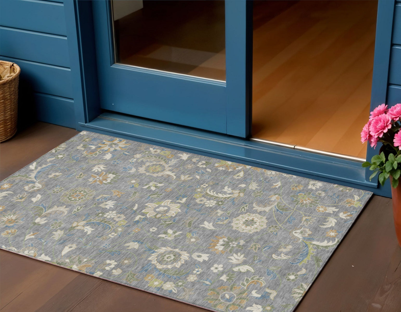 3 X 5 Gray Blue And Green Floral Washable Indoor Outdoor Area Rug