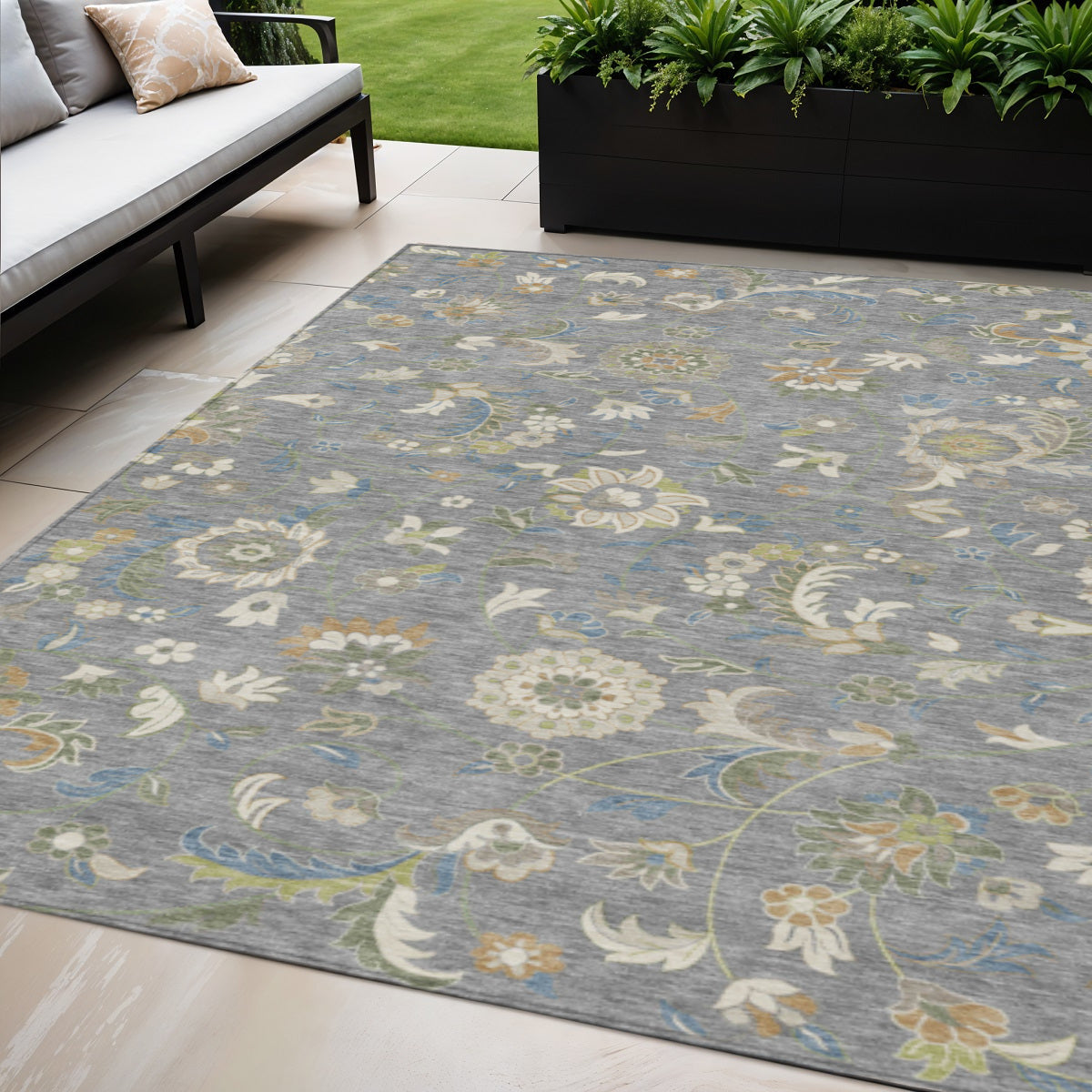 5 X 8 Gray Blue And Green Floral Washable Indoor Outdoor Area Rug