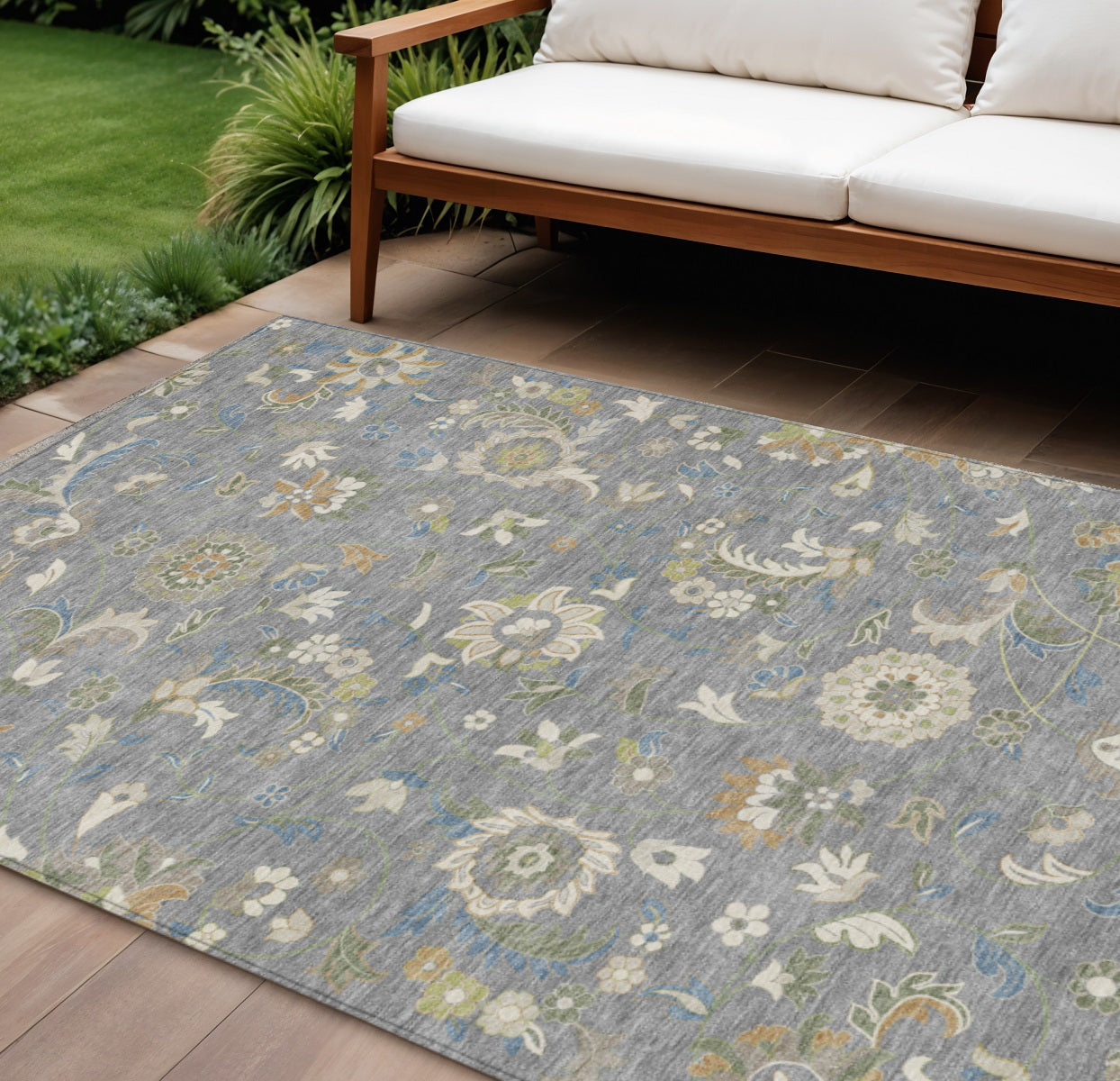 9 X 12 Gray Blue And Green Floral Washable Indoor Outdoor Area Rug