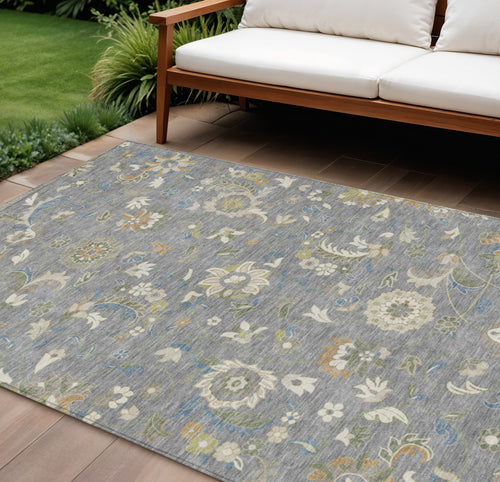 10 X 14 Gray Blue And Green Floral Washable Indoor Outdoor Area Rug