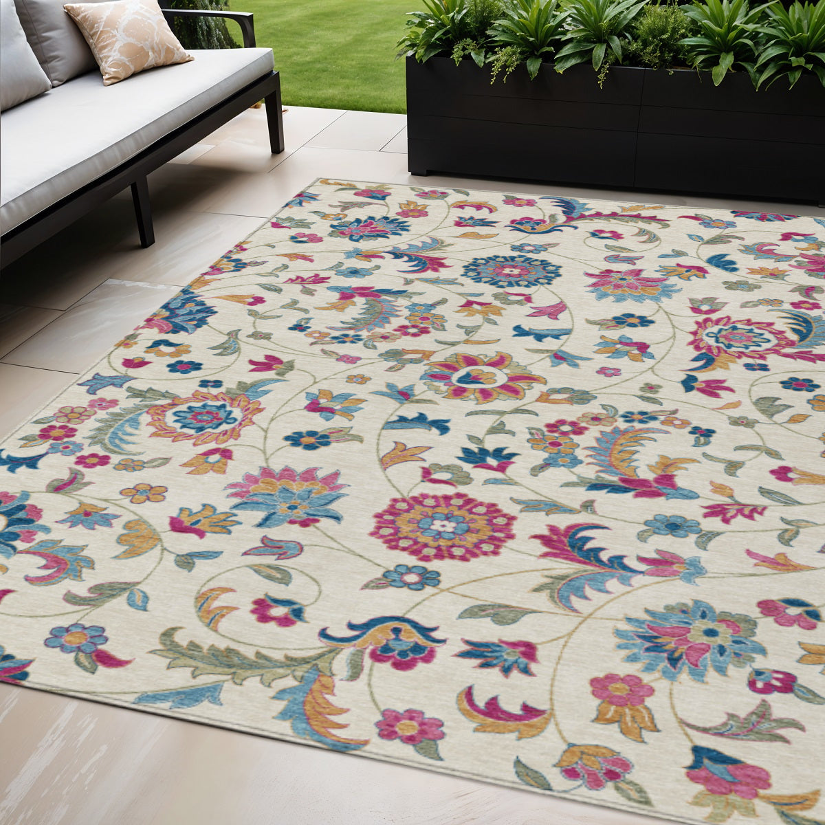 5 X 8 Linen Pink And Denim Blue Floral Washable Indoor Outdoor Area Rug