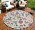 8 Linen Pink And Denim Blue Round Floral Washable Indoor Outdoor Area Rug