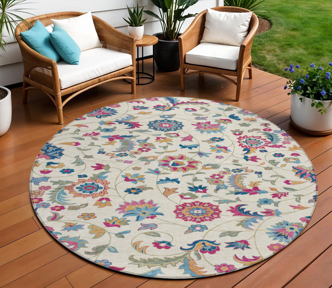 8 Linen Pink And Denim Blue Round Floral Washable Indoor Outdoor Area Rug