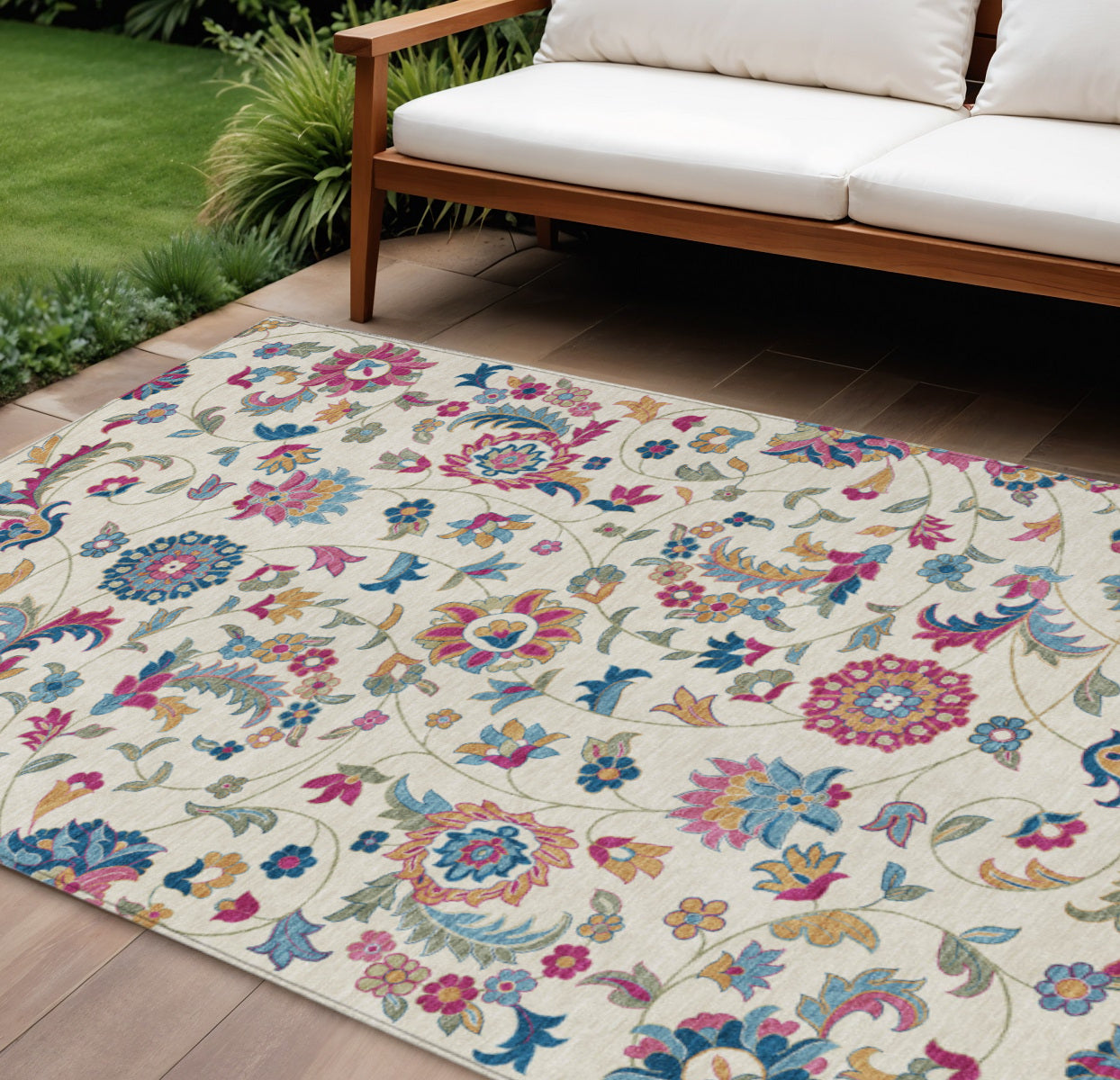 8 X 10 Linen Pink And Denim Blue Floral Washable Indoor Outdoor Area Rug