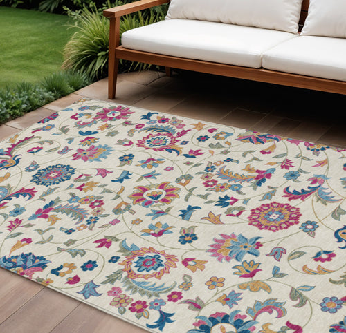 10 X 14 Linen Pink And Denim Blue Floral Washable Indoor Outdoor Area Rug