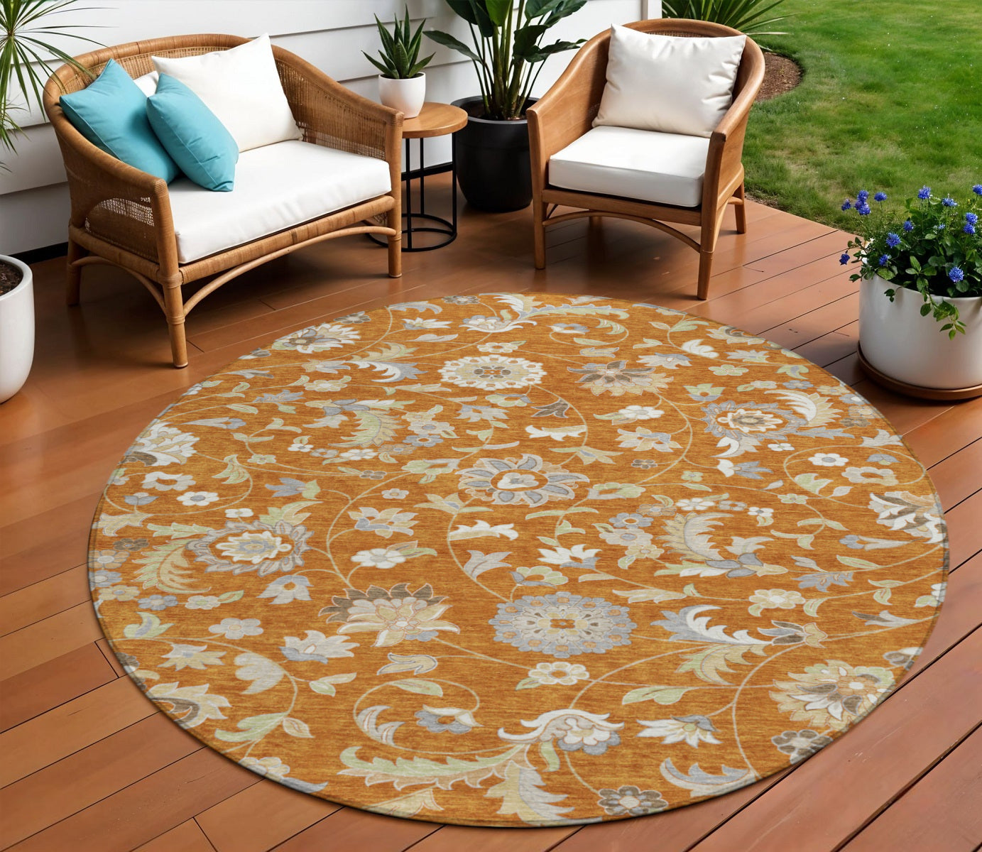 8 Copper Green And Gray Round Floral Washable Indoor Outdoor Area Rug
