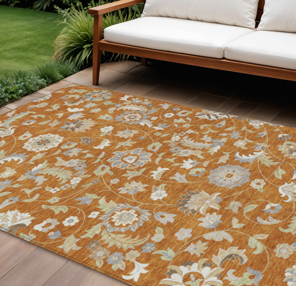 9 X 12 Copper Green And Gray Floral Washable Indoor Outdoor Area Rug