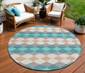 8 Teal Blue Gray And Copper Round Geometric Washable Indoor Outdoor Area Rug