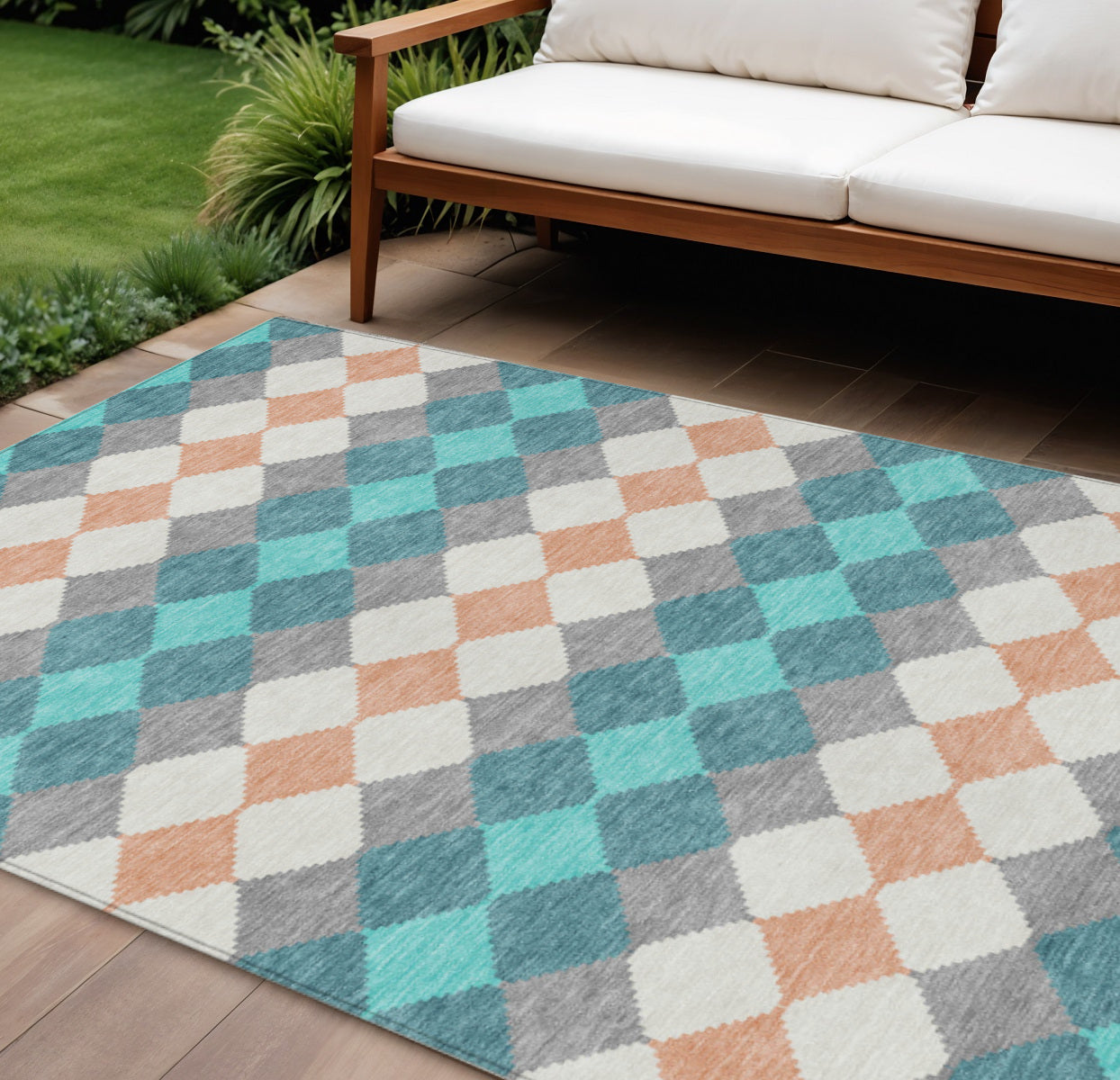 9 X 12 Teal Blue Gray And Copper Geometric Washable Indoor Outdoor Area Rug