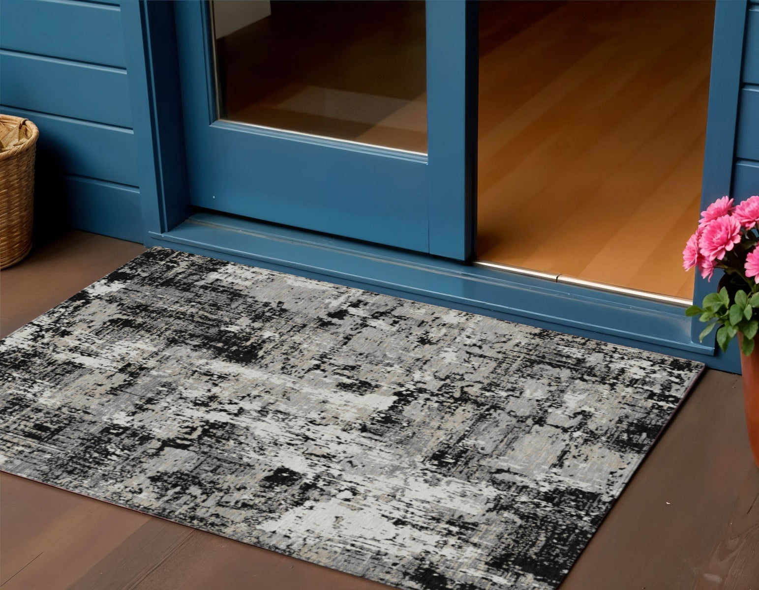 3 X 5 Black And Gray Abstract Washable Indoor Outdoor Area Rug