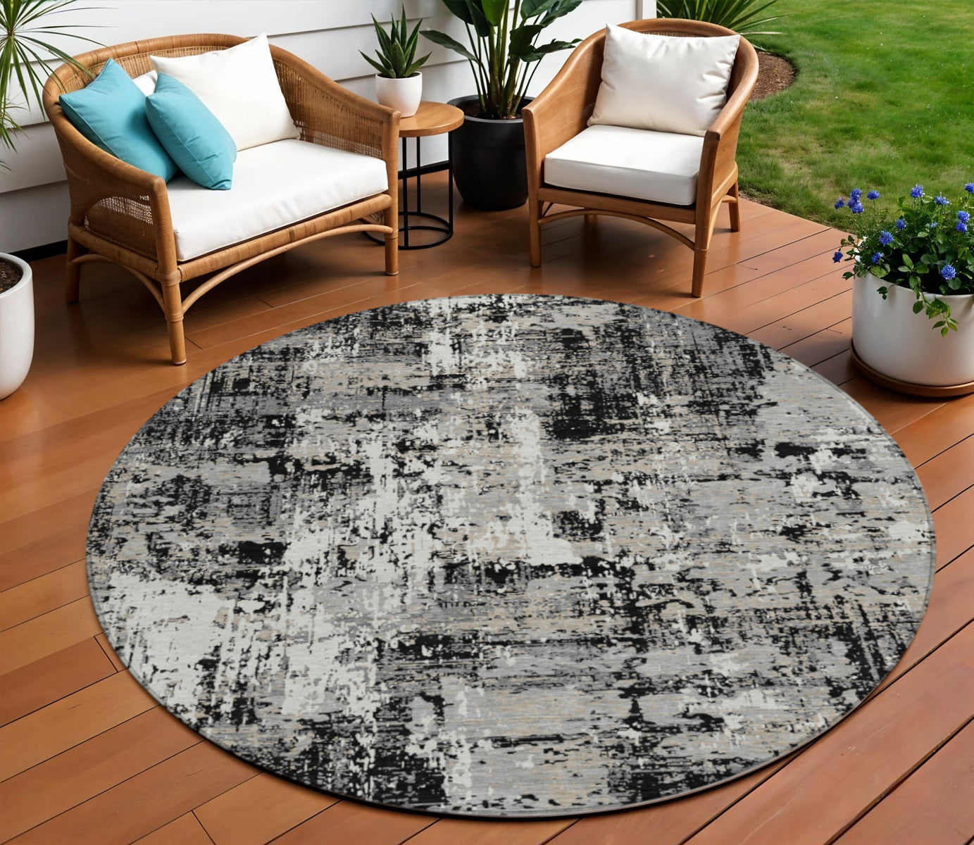 8 Black And Gray Round Abstract Washable Indoor Outdoor Area Rug
