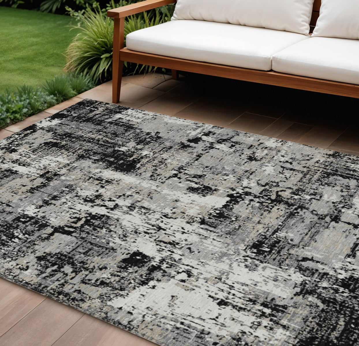 9 X 12 Black And Gray Abstract Washable Indoor Outdoor Area Rug