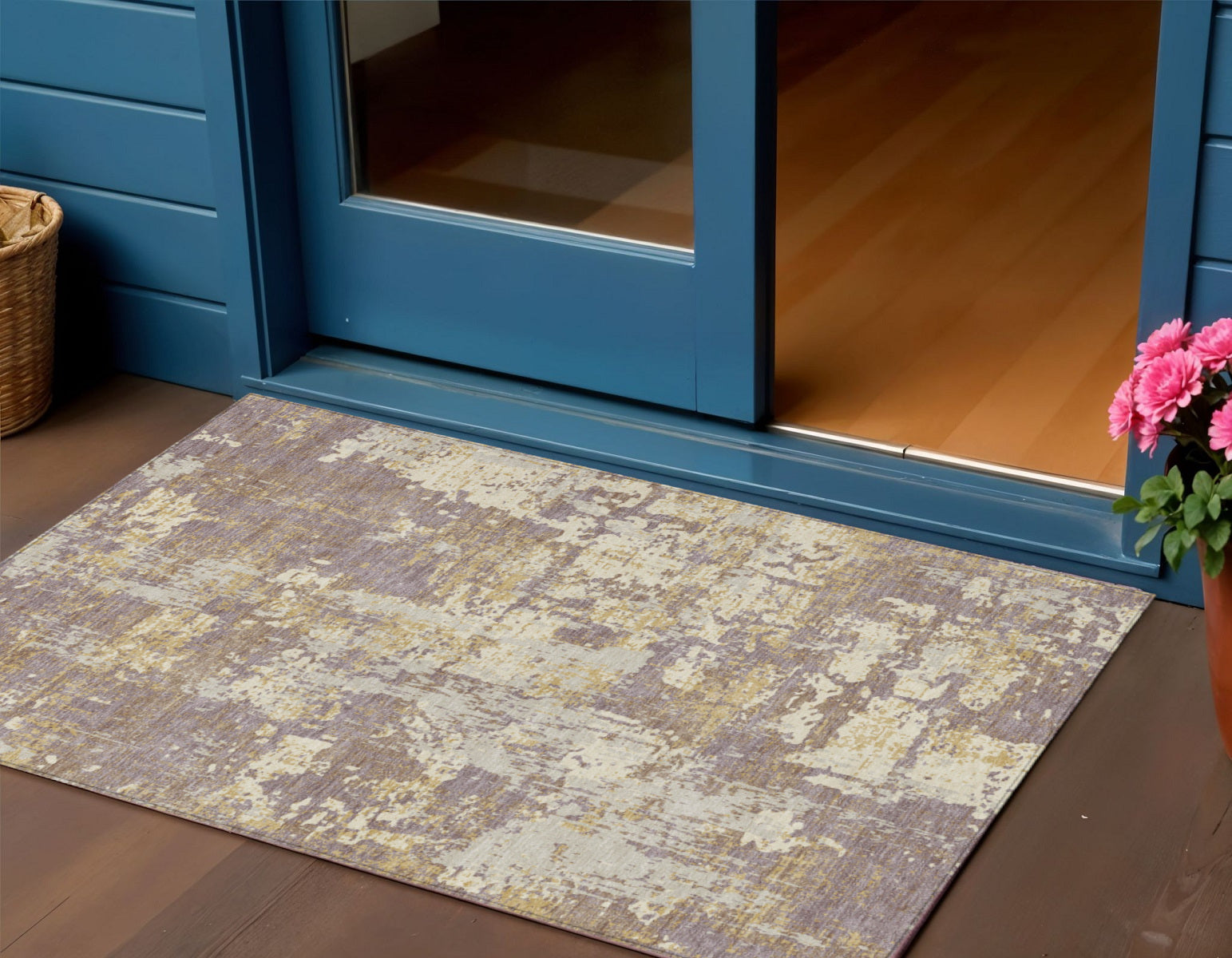 3 X 5 Lavender Gold And Beige Abstract Washable Indoor Outdoor Area Rug