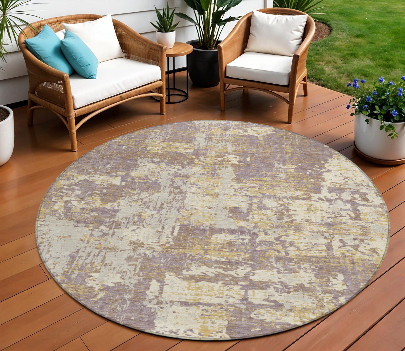 8 Lavender Gold And Beige Round Abstract Washable Indoor Outdoor Area Rug