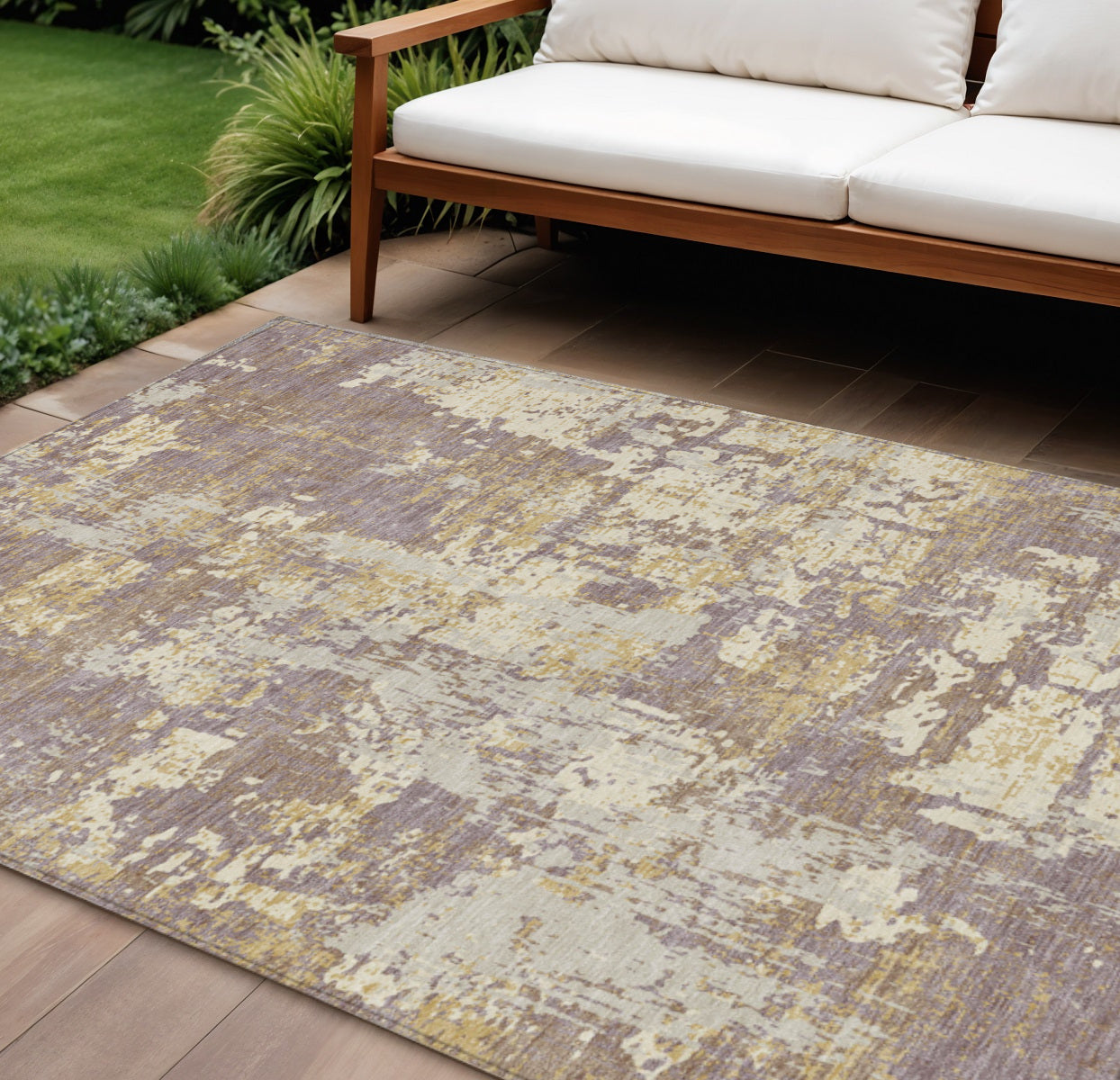 9 X 12 Lavender Gold And Beige Abstract Washable Indoor Outdoor Area Rug
