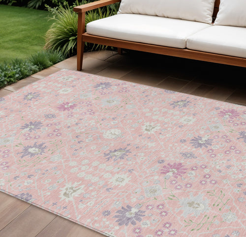 10 X 14 Pink Purple And Gray Oriental Washable Indoor Outdoor Area Rug