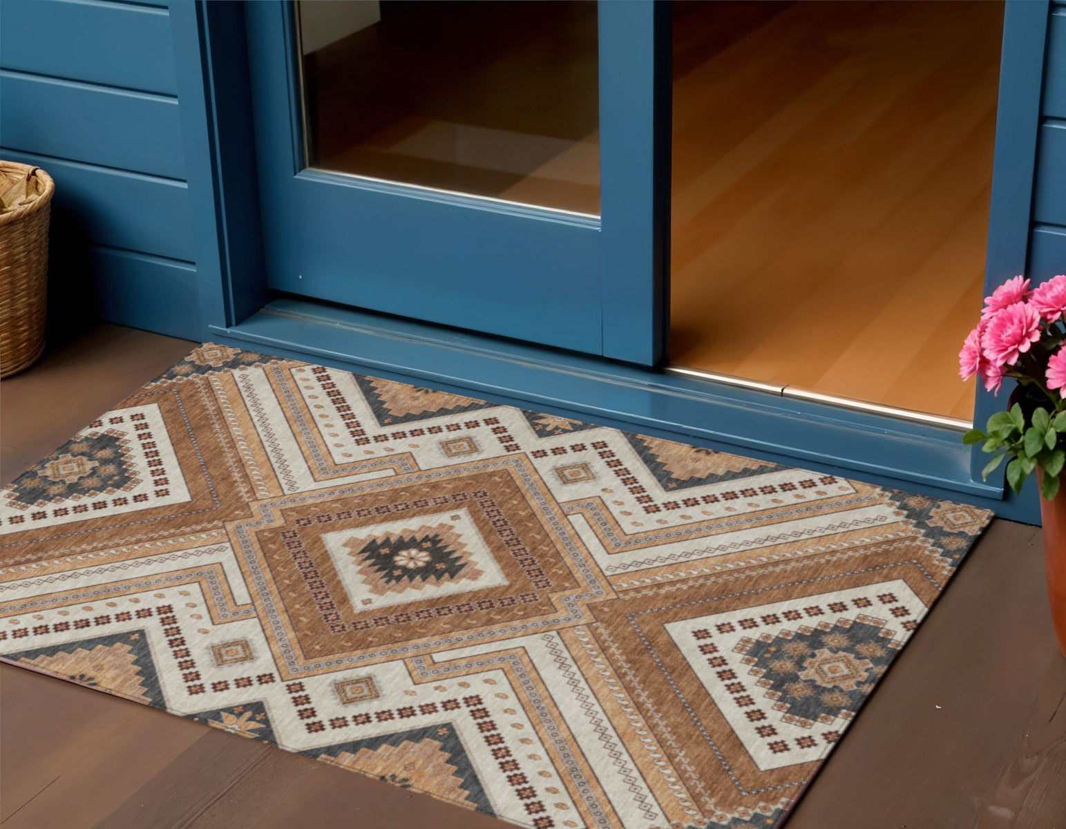 3 X 5 Copper Brown And Beige Tribal Washable Indoor Outdoor Area Rug