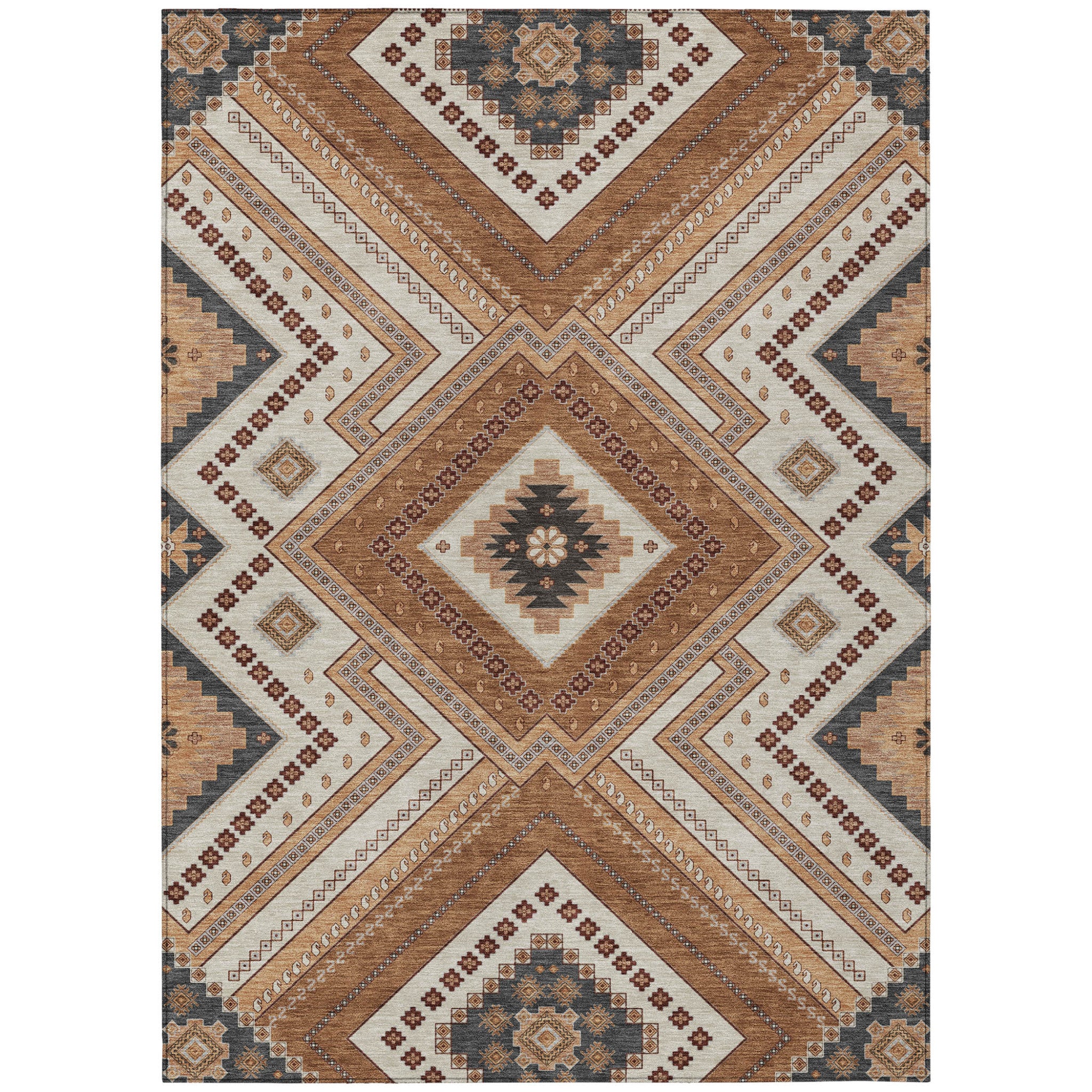 5 X 8 Copper Brown And Beige Tribal Washable Indoor Outdoor Area Rug
