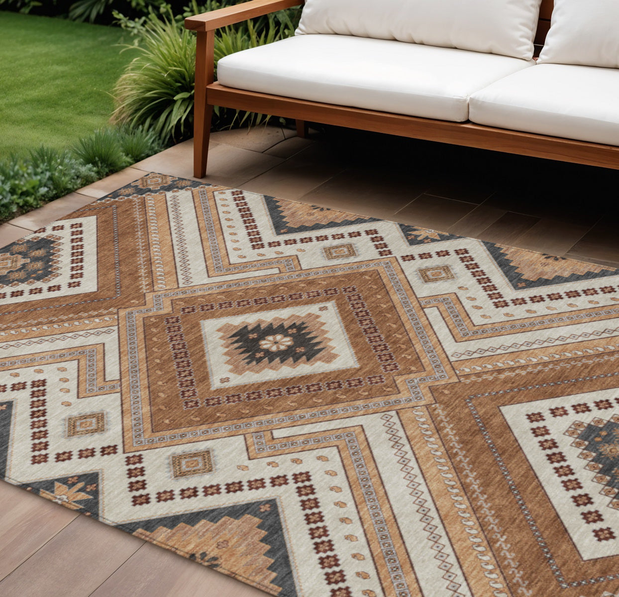 10 X 14 Copper Brown And Beige Tribal Washable Indoor Outdoor Area Rug