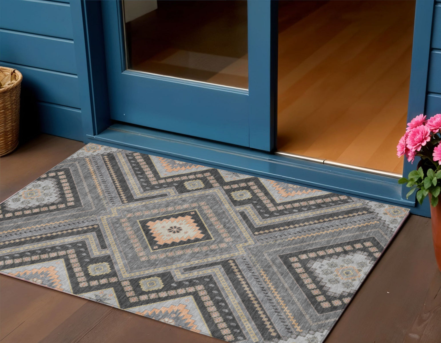3 X 5 Gray Charcoal And Pink Tribal Washable Indoor Outdoor Area Rug