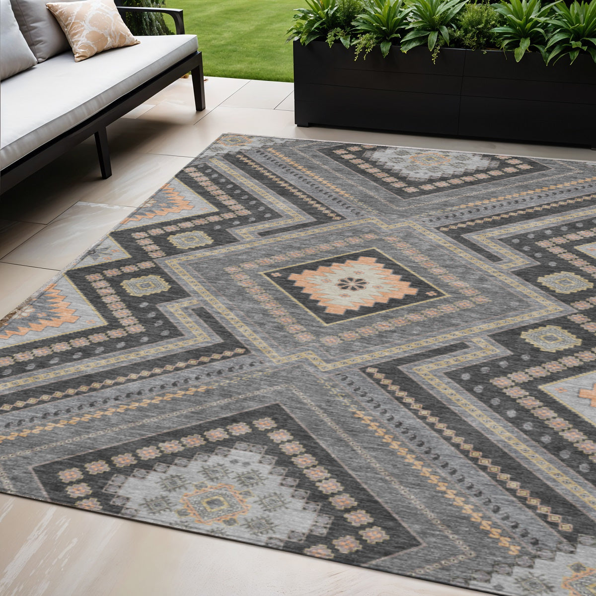 5 X 8 Gray Charcoal And Pink Tribal Washable Indoor Outdoor Area Rug