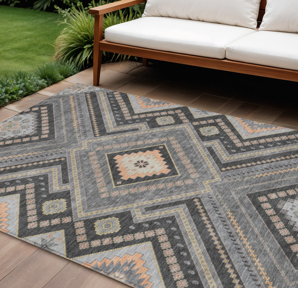 10 X 14 Gray Charcoal And Pink Tribal Washable Indoor Outdoor Area Rug
