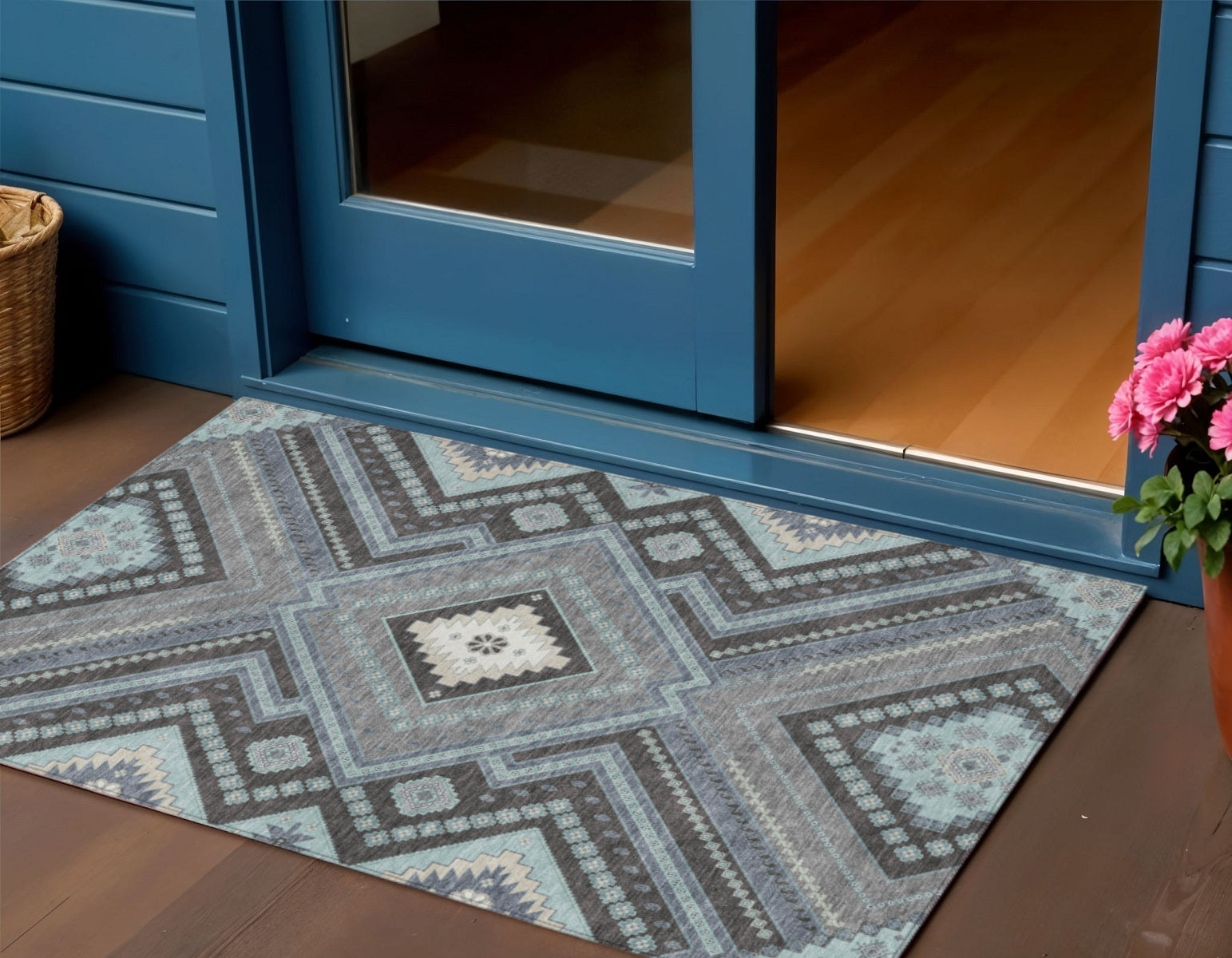 3 X 5 Pewter Charcoal And Sky Blue Tribal Washable Indoor Outdoor Area Rug