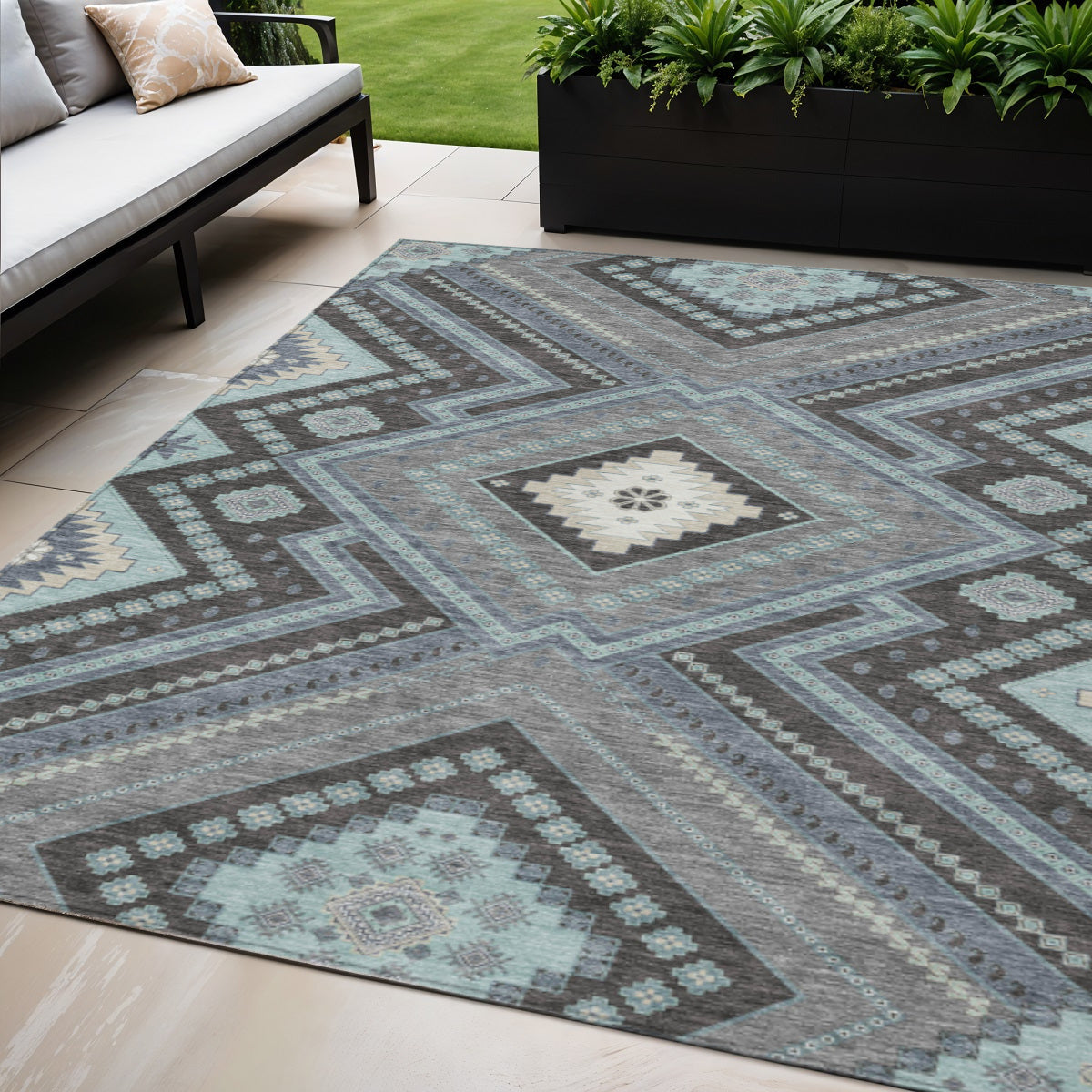 5 X 8 Pewter Charcoal And Sky Blue Tribal Washable Indoor Outdoor Area Rug