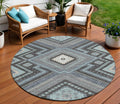 8 Pewter Charcoal And Sky Blue Round Tribal Washable Indoor Outdoor Area Rug