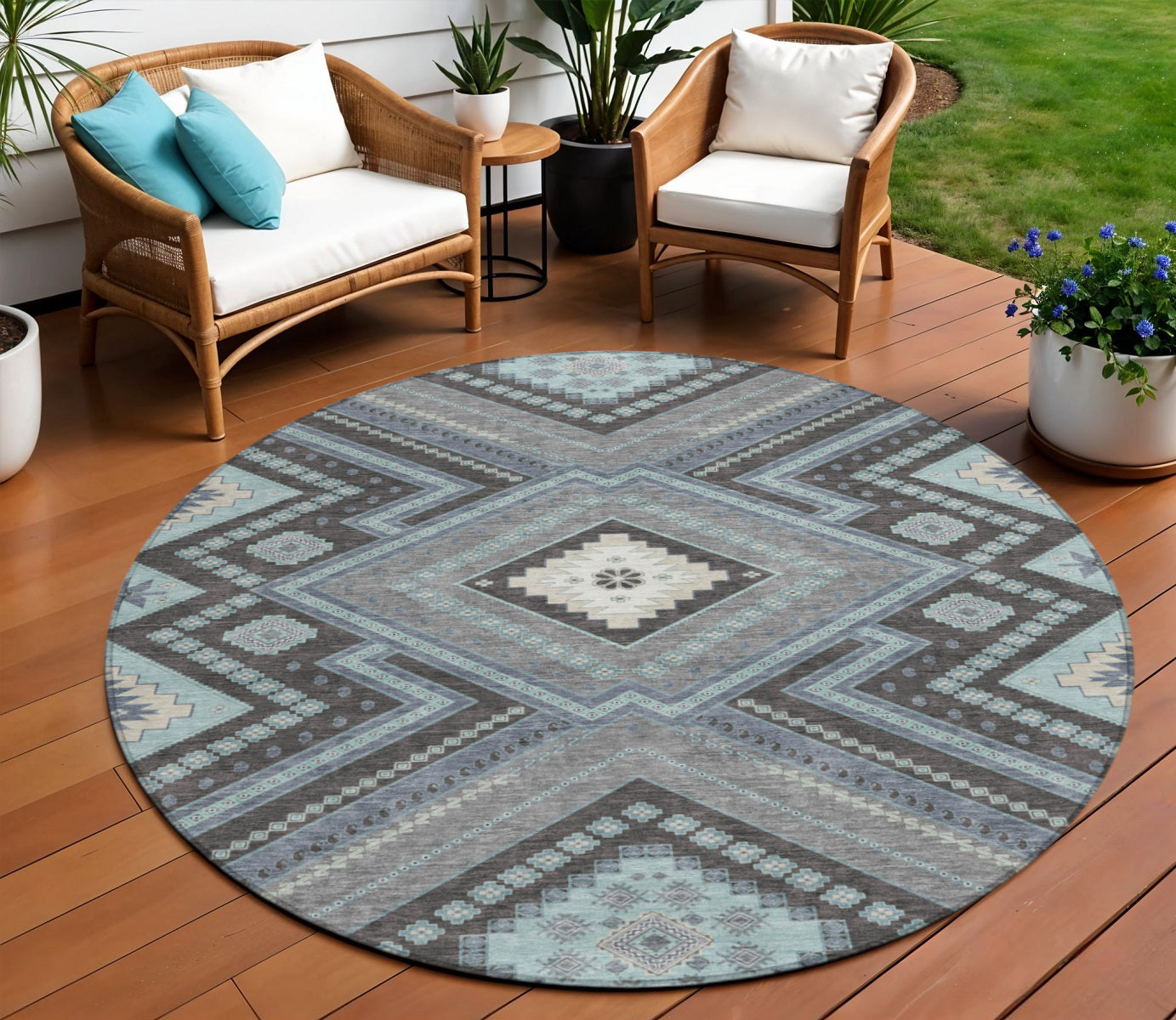 8 Pewter Charcoal And Sky Blue Round Tribal Washable Indoor Outdoor Area Rug