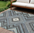 9 X 12 Pewter Charcoal And Sky Blue Tribal Washable Indoor Outdoor Area Rug