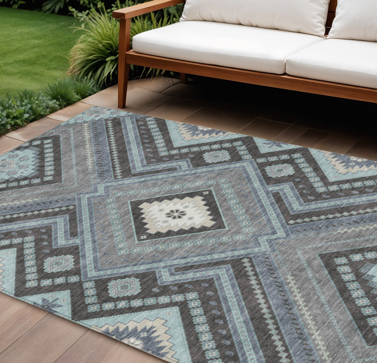 9 X 12 Pewter Charcoal And Sky Blue Tribal Washable Indoor Outdoor Area Rug