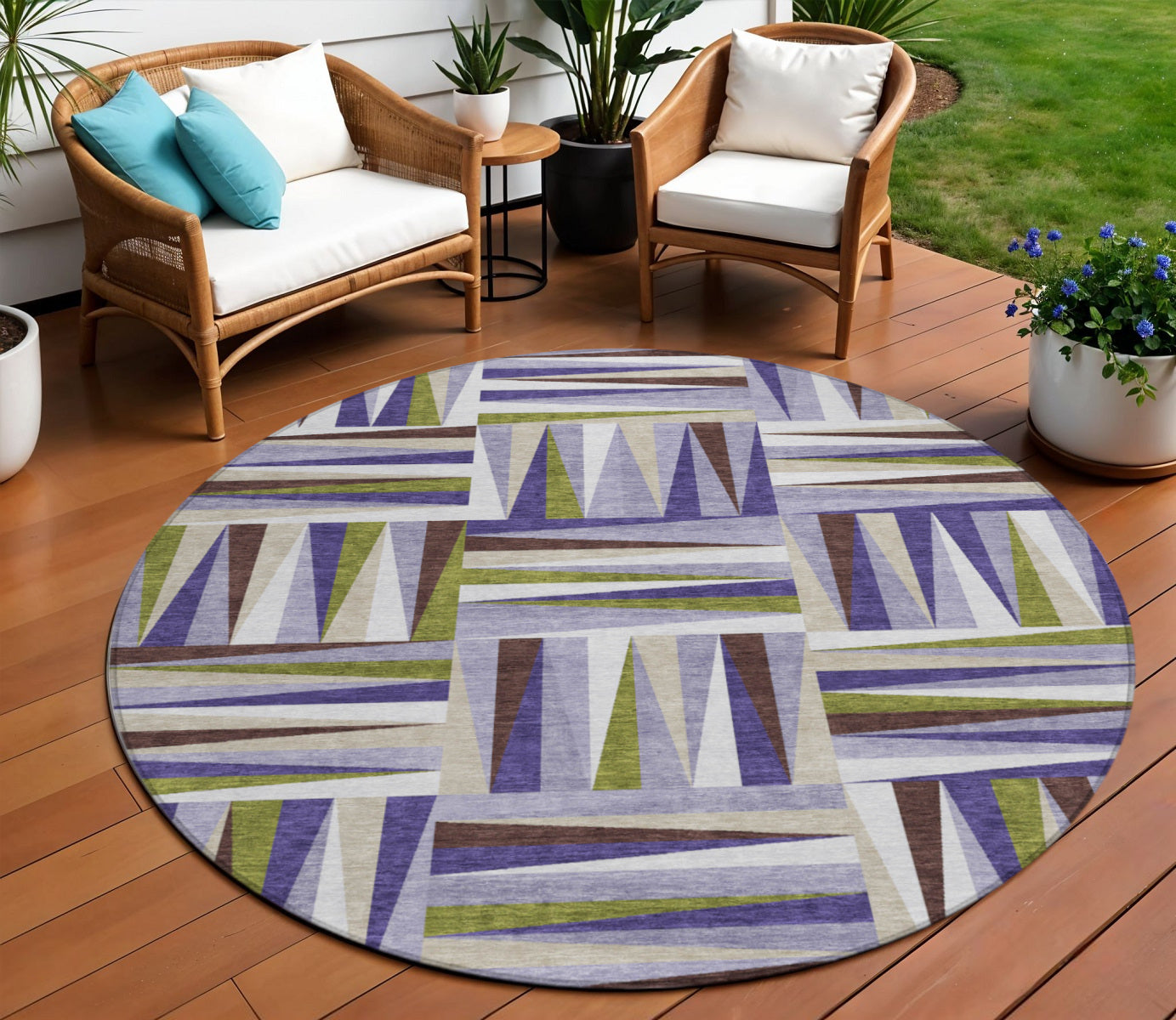 8 Lavender Brown And Green Round Geometric Washable Indoor Outdoor Area Rug
