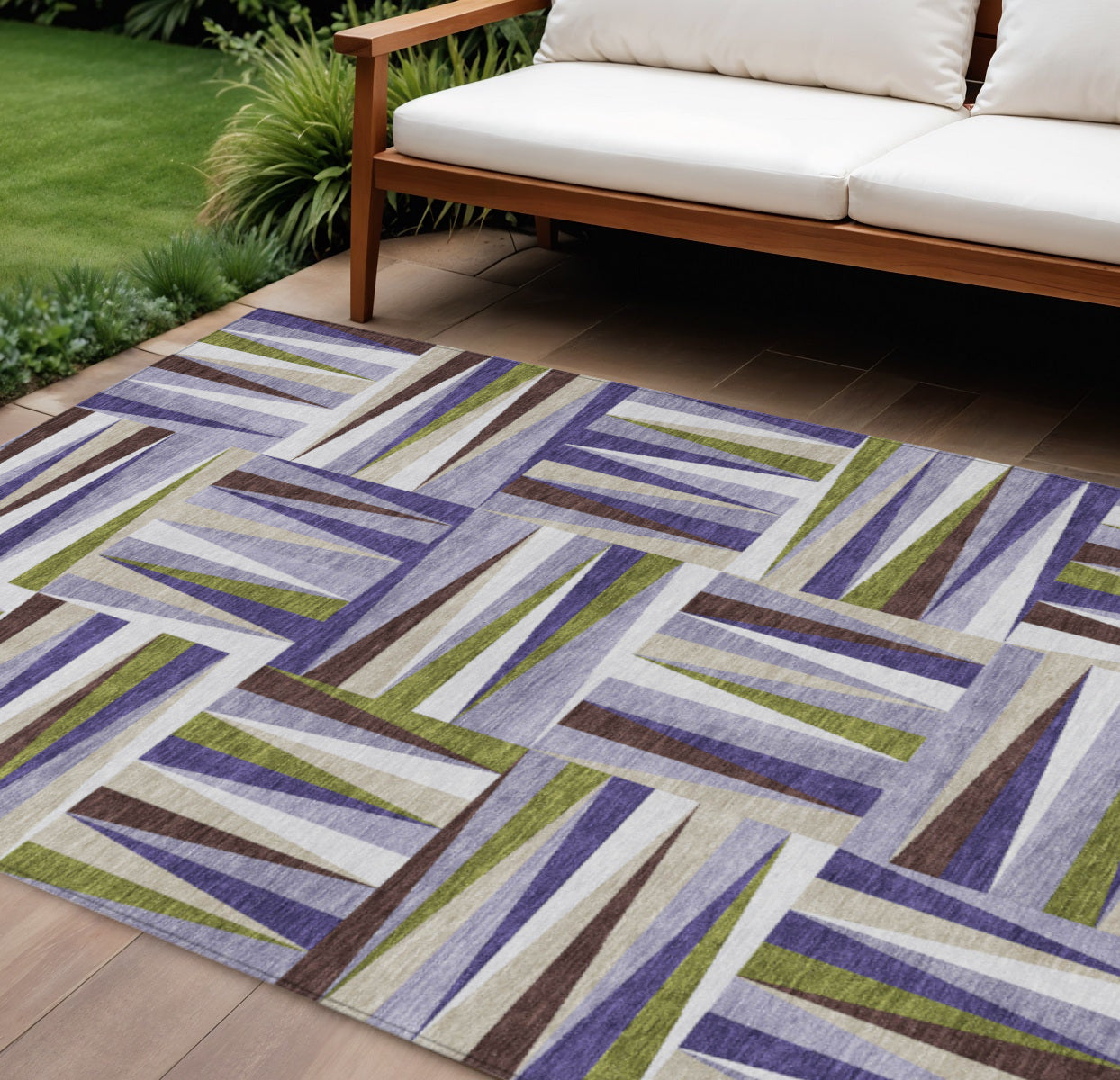10 X 14 Lavender Brown And Green Geometric Washable Indoor Outdoor Area Rug