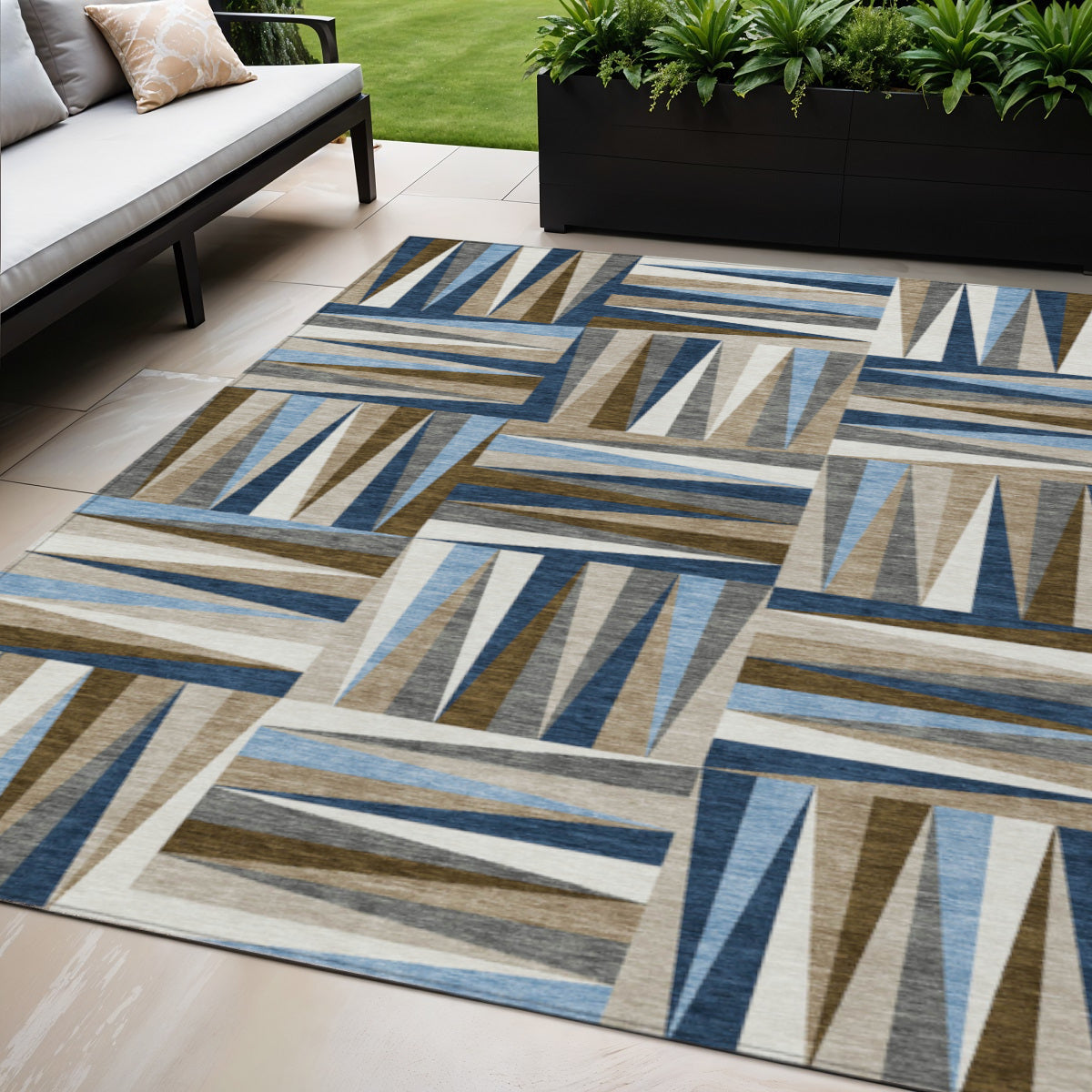 5 X 8 Navy Blue Brown And Beige Geometric Washable Indoor Outdoor Area Rug