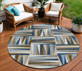 8 Navy Blue Brown And Beige Round Geometric Washable Indoor Outdoor Area Rug